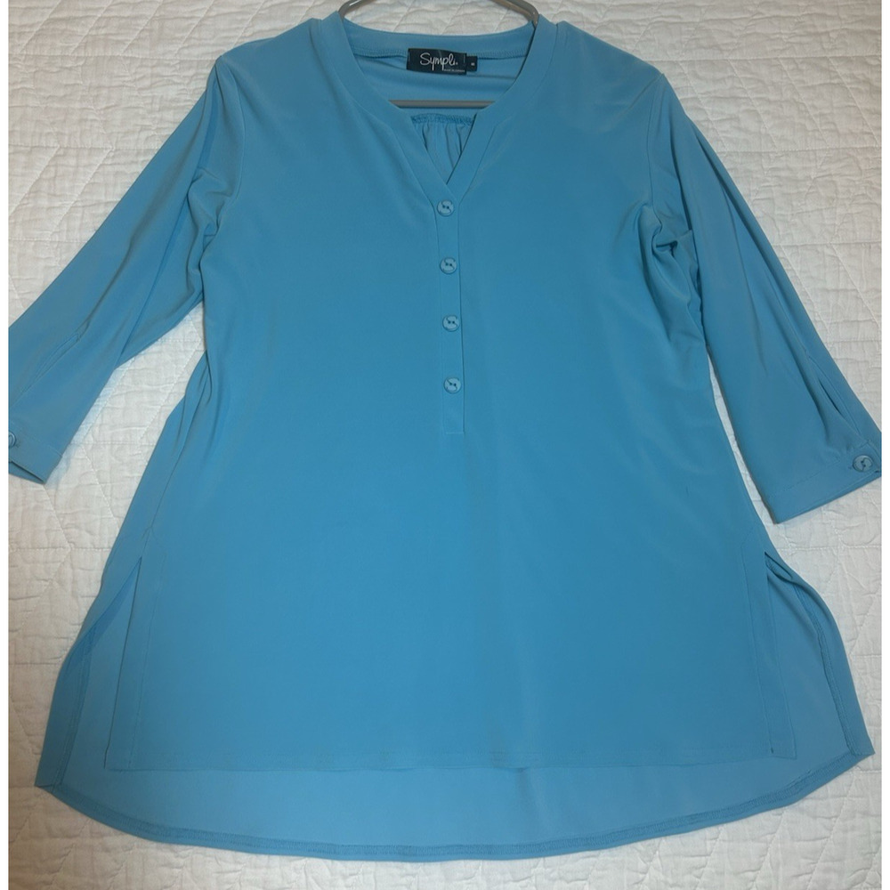 Sympli Henley Top Womens Sz 8 Blue Collarless 3/4 Button Up Cropped Sleeves $172